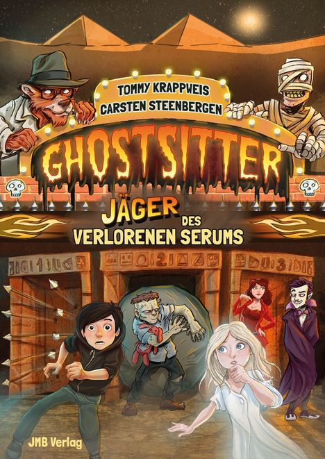 "Ghostsitter: Jäger des verlorenen Serums" zeigt Figuren in Abenteuerpose vor Pyramiden. Verspielter Comic-Stil.