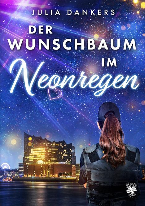 "Julia Dankers: Der Wunschbaum im Neonregen." Eine Frau im Vordergrund, nachts, mit Lichtern in einer Stadt.