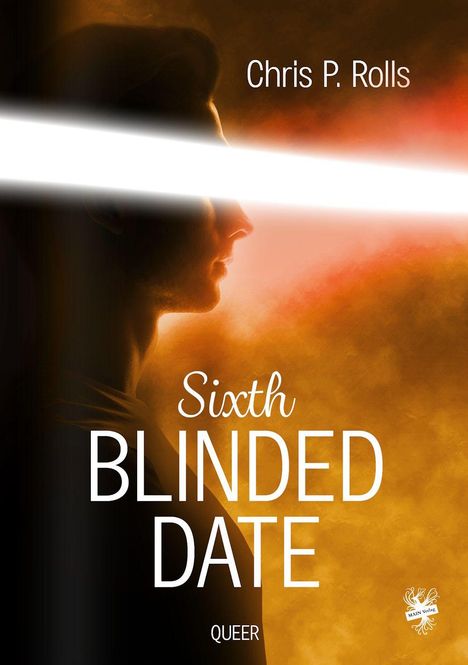 Texte: "Chris P. Rolls", "Sixth BLINDED DATE", "QUEER". Silhouette eines Mannes mit hellem Streifen über den Augen.