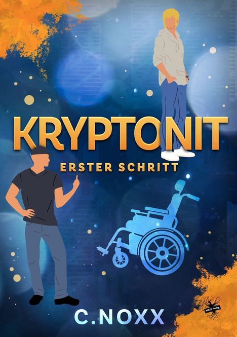 Text: "KRYPTONIT ERSTER SCHRITT C. NOXX". Illustration: Zwei Personen, ein Rollstuhl, blaue und orange Effekte.