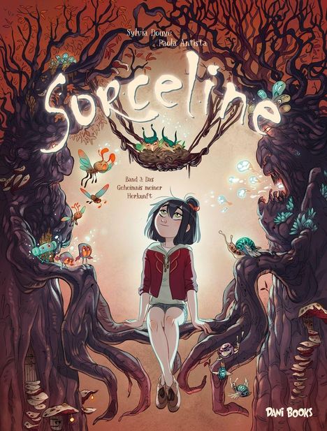 "Sorceline", Band 3 "Das Geheimnis meiner Herkunft". Illustration von Baum und Fantasiefiguren um ein Mädchen auf Ast.