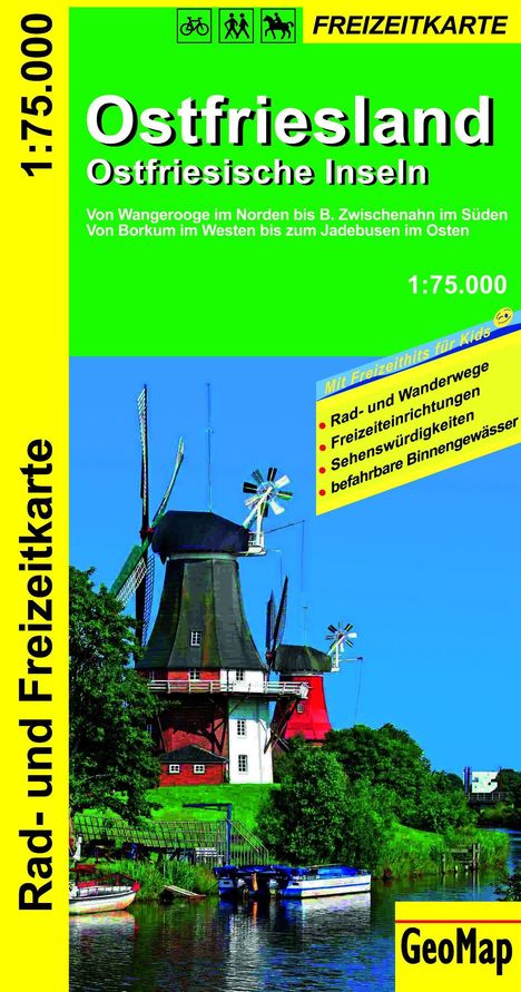 "Ostfriesland Ostfriesische Inseln", Freizeitkarte mit Windmühle und Booten am Wasser, GeoMap-Logo unten rechts.