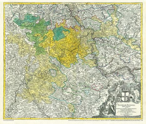 Johann B. Homann: Historische Karte: Die MOSEL 1720 und das Erzbistum sowie Kurfürstentum Trier mit seinen Ämtern, Karten