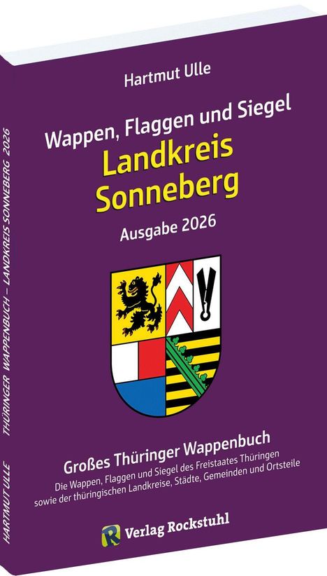 Titel: "Wappen, Flaggen und Siegel Landkreis Sonneberg". Ein Wappen mit Löwe und Schere, Verlag Rockstuhl Logo unten.