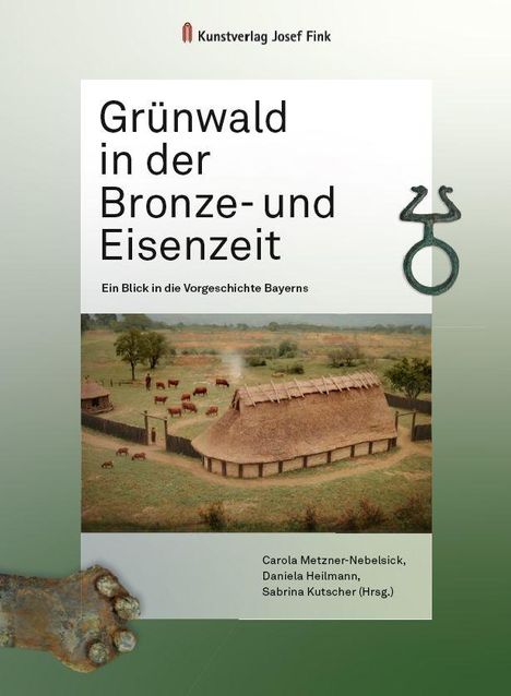 „Grünwald in der Bronze- und Eisenzeit“ zeigt ein prähistorisches Dorf mit Rundhaus, umgeben von Wiesen und Kühen.
