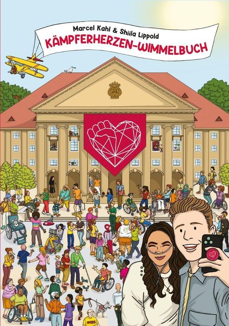„Kämpferherzen-Wimmelbuch“ von Marcel Kahl & Shiila Lippold. Fröhliche Menge vor einem Gebäude mit Herz-Faust-Banner.