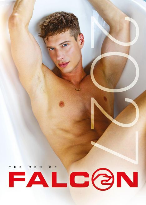 Text: "THE MEN OF FALCON 2024". Ein Mann in einer Badewanne, entspannt liegend.