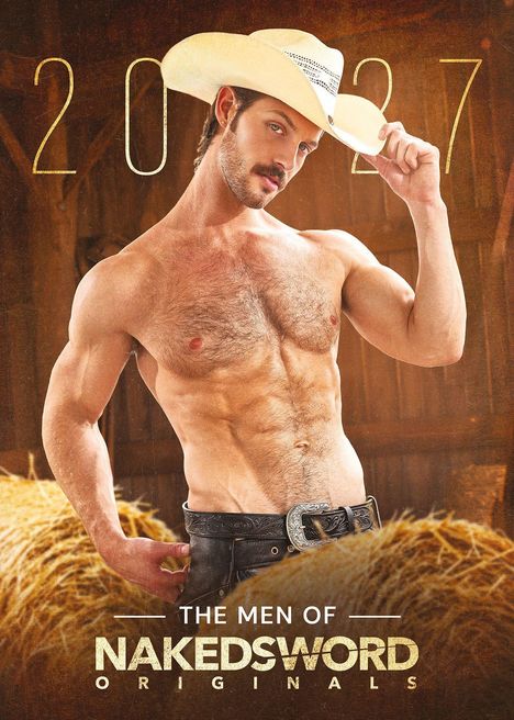 "2027" oben, "The Men of Nakedsword Originals" unten. Ein muskulöser Mann mit Cowboyhut steht hemdlos in einem Heuboden.