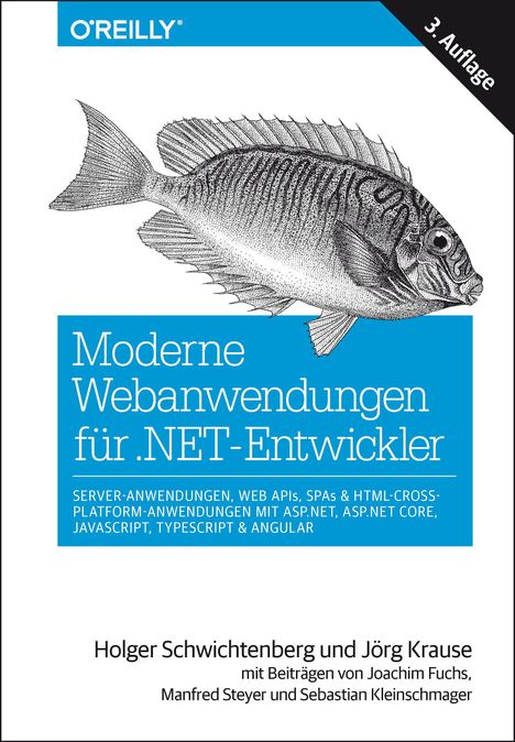 Titel: "Moderne Webanwendungen für .NET-Entwickler". Ein detaillierter, gezeichneter Fisch im Mittelpunkt.
