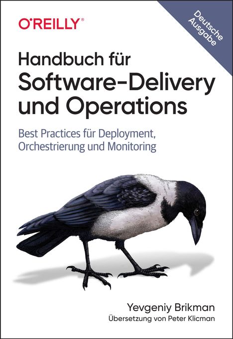 Titel: "Handbuch für Software-Delivery und Operations". Illustration: Dohle auf weißem Hintergrund.​​