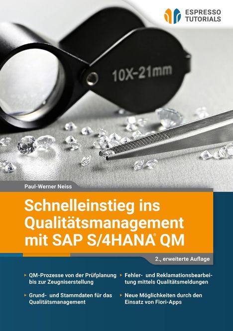 Text: "Schnelleinstieg ins Qualitätsmanagement mit SAP S/4HANA® QM". Im Bild ein Vergrößerungsglas, Diamanten und eine Pinzette.