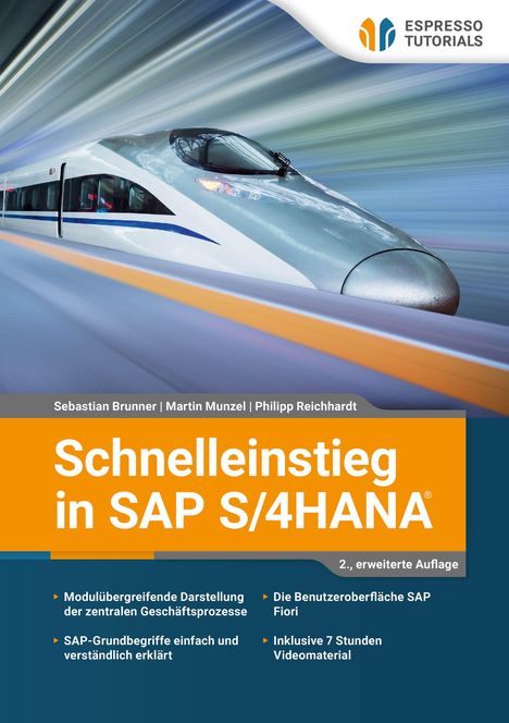 Text: „Schnelleinstieg in SAP S/4HANA.” Ein sich schnell bewegender Hochgeschwindigkeitszug. Oben rechts ein Logo.
