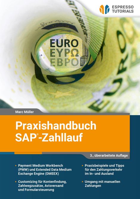 "Praxishandbuch SAP-Zahllauf" auf orangefarbenem Hintergrund mit Euro-Schein im Hintergrund. Oben Logo "Espresso Tutorials".