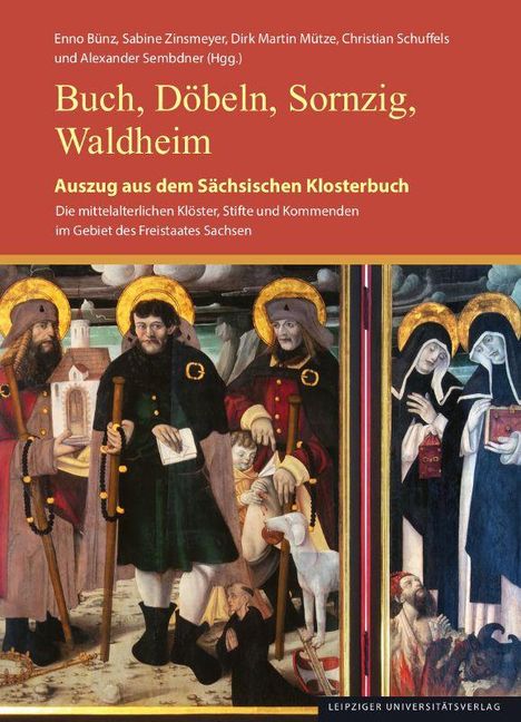 Buch, Döbeln, Sornzig, Waldheim. Kunstvolle historische Darstellung mehrerer Heiligen mit Heiligenscheinen und Menschen.