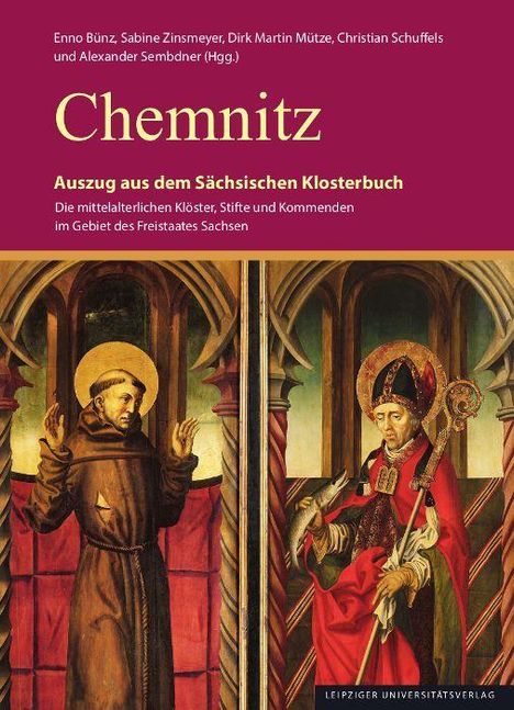 „Chemnitz – Auszug aus dem Sächsischen Klosterbuch“ zeigt mittelalterliche Figuren in einer religiösen Illustration.