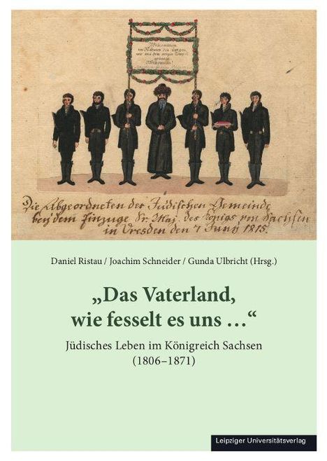 „Das Vaterland, wie fesselt es uns …“ Jüdisches Leben im Königreich Sachsen (1806–1871). Illustration von Männern in schwarzen Anzügen.