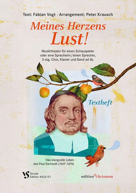 Textheft "Meines Herzens Lust!" Musiktheater, Text: Fabian Vogt. Illustration: ein Porträt mit Ästen und Vogel.