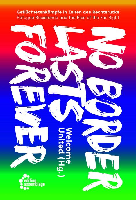 Bunte Illustration mit Text: "Geflüchtetenkämpfe in Zeiten des Rechtsrucks" und "No border lasts forever".