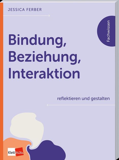Titel: Bindung, Beziehung, Interaktion. Farben: Lila, Orange, Weiß. Stilisierte Formen.