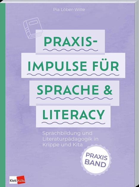 "PRACTICAL IMPULSES FOR LANGUAGE & LITERACY", lila Hintergrund, grüner Streifen links, gezeichnetes Buch-Symbol.