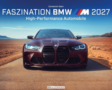 "FASZINATION BMW M 2027 High-Performance Automobile" vor einem rotbraunen Auto in wüstenartiger Landschaft.