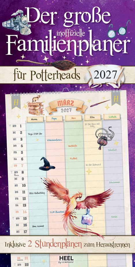 Ein Kalender für Potter-Fans. Text: März 2027, inklusive 2 Stundenplänen. Magische Illustrationen mit Phönix und Zug.