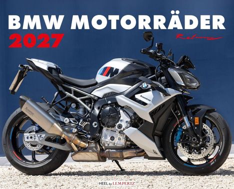 "BMW Motorräder 2027" in großer Schrift. Eine moderne BMW-Motorradaufnahme vor blauem Hintergrund.