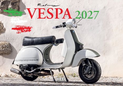 „VESPA 2027“ in roten und grünen Buchstaben. Illustration eines weißen Rollers vor einer alten Wand.