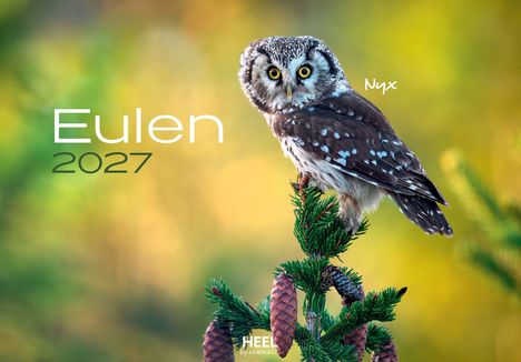 Text: "Eulen 2027, J-L. Klein/M. L. Hubert, Caelum". Eine detailreiche Eule auf einem Ast, umgeben von unscharfem Laubwerk.