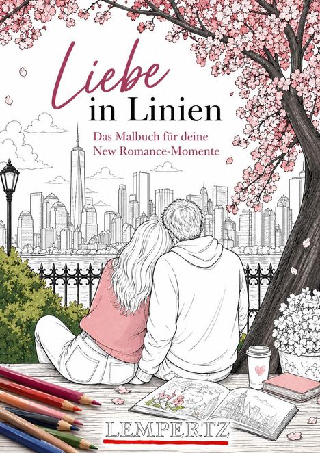 "Liebe in Linien. Das Malbuch für deine New Romance-Momente." Ein Paar sitzt unter einem blühenden Baum mit Stadtansicht.