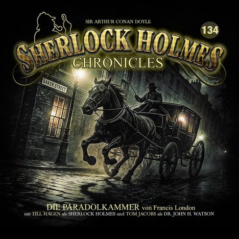 "Sherlock Holmes Chronicles" und "Die Paradolkammer". Kutsche mit Pferd in dunkler, regnerischer Baker Street.