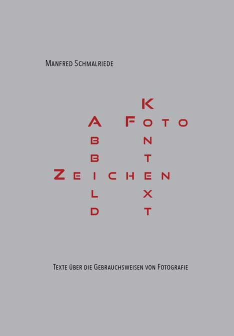 Ein grauer Hintergrund mit schwarzen und roten Texten: "MANFRED SCHMALRIEDE", "ZEICHEN ABBILD KONZEPT FOTO", darunter "TEXTE ÜBER DIE GEBRAUCHSWEISEN VON FOTOGRAFIE".