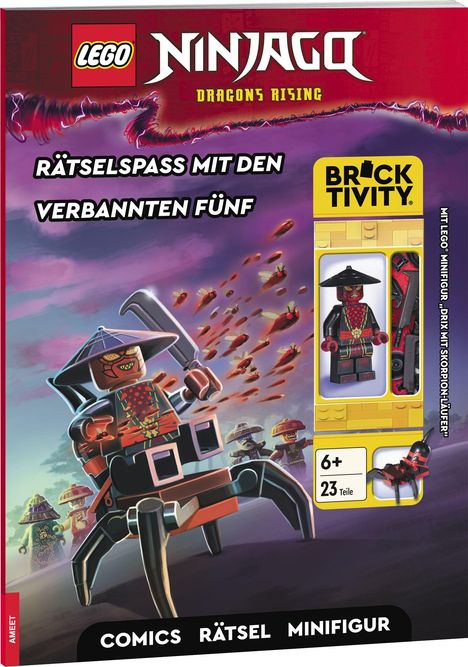 „Rätselspaß mit den verbannten Fünf“. LEGO Ninjago Motiv mit Figuren und Minifigur „Drix mit Skorpion-Läufer“. Ab 6+.