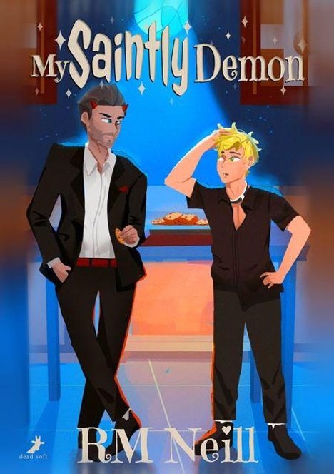 "My Saintly Demon", RM Neill. Zwei stilisierte Männer in Anzügen, einer mit Keks, stehen vor einem Tisch mit Keksen.