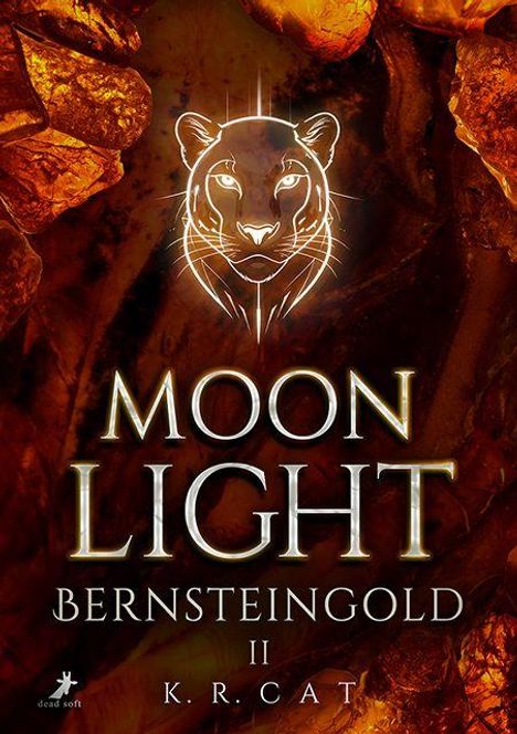 "Moon Light – Bernsteingold II – K.R. Cat". Eine leuchtende Tierlinie auf bernsteinfarbenem Hintergrund.