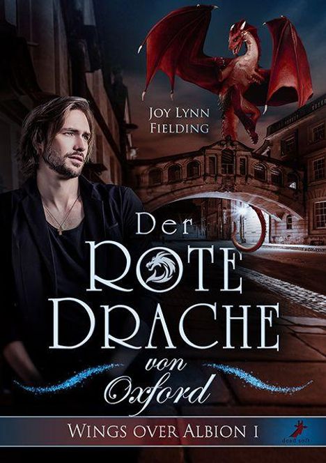Titel: "Der Rote Drache von Oxford"; ein Mann im Vordergrund, ein roter Drache fliegt über einer Stadt.
