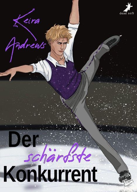 "Keira Andrews, Der schärfste Konkurrent." Eine Illustration eines blonden Eiskunstläufers in dynamischer Pose.