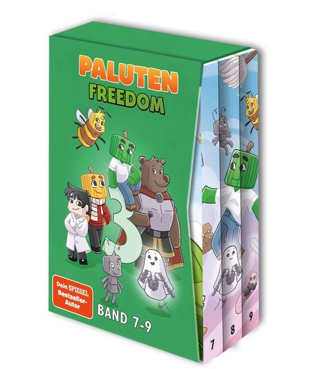 "PALUTEN FREEDOM", "BAND 7-9", bunt illustrierte Cartoon-Figuren einschließlich Tieren und Menschen auf grünem Hintergrund.
