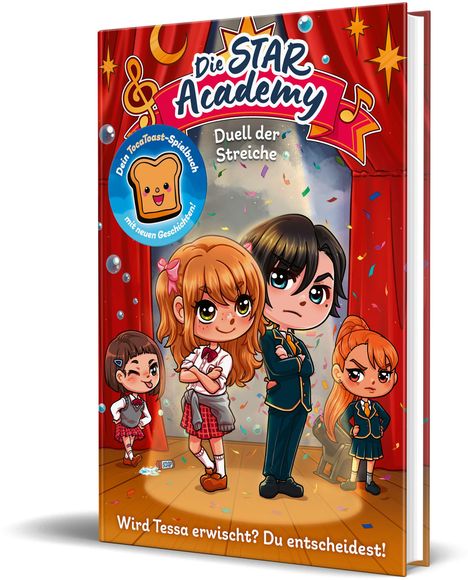 "Die STAR Academy: Duell der Streiche. Dein TocaToast-Spielbuch mit neuen Geschichten. Wird Tessa erwischt? Du entscheidest!"