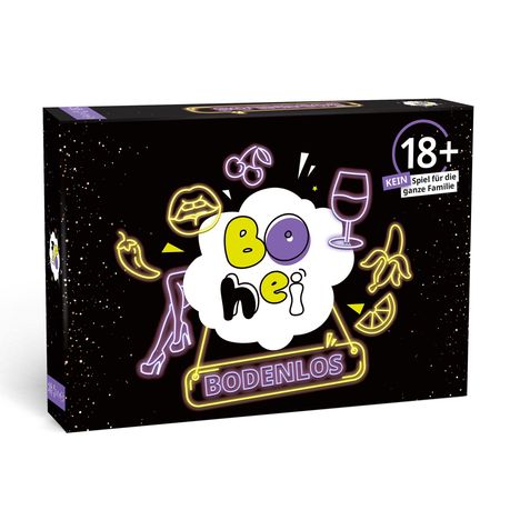 "18+ KEIN Spiel für die ganze Familie, Bohei Bodenlos." Schwarze Verpackung mit bunten Illustrationen wie Glas und Kirschen.