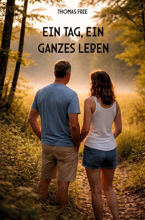 Ein Mann und eine Frau stehen auf einem Waldweg, lassen die Sonne durch die Bäume scheinen.