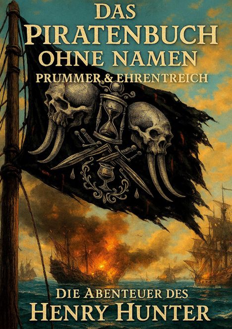 „DAS PIRATENBUCH OHNE NAMEN“, „PRUMMER & EHRENTREICH“, „DIE ABENTEUER DES HENRY HUNTER“; Segelschiffe, Feuer, Piratenflagge.