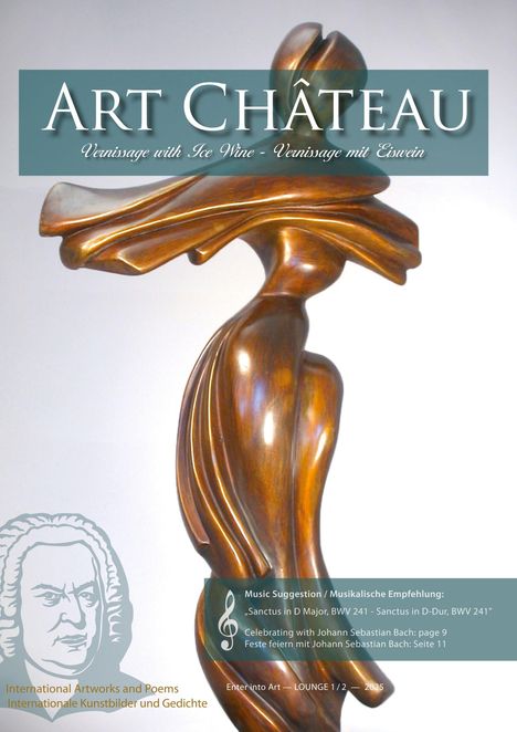 "ART CHÂTEAU - Vernissage with Ice Wine - Music Suggestion: Sanctus in D Major, BWV 241. Holzskulptur und Bach-Porträt."
