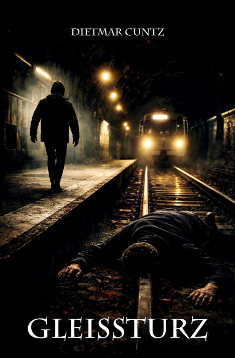 Titel: "GLEISSTURZ" von Dietmar Cuntz. Ein Mann liegt auf den Gleisen, während ein anderer weggeht. Ein Zug nähert sich im Tunnel.
