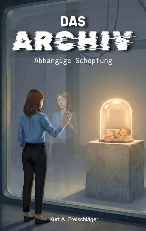 Text: "DAS ARCHIV, Abhängige Schöpfung". Eine Frau berührt eine Glasscheibe, dahinter liegt ein Baby unter einer Glashaube.