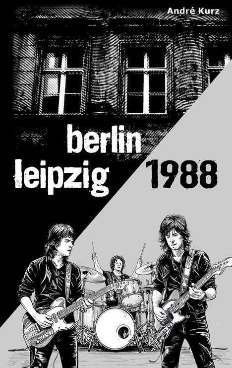 Oben: „berlin leipzig 1988“. Unten: Eine Band mit zwei Gitarristen und einem Schlagzeuger in schwarz-weiß.