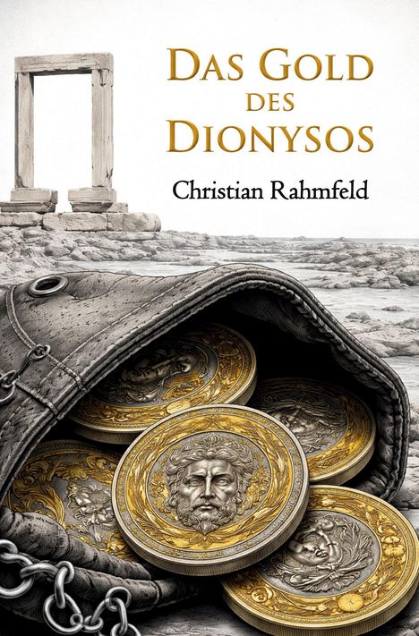 „Das Gold des Dionysos“, Christian Rahmfeld. Alte Münzen in einem offenen Beutel, antikes Tor im Hintergrund.