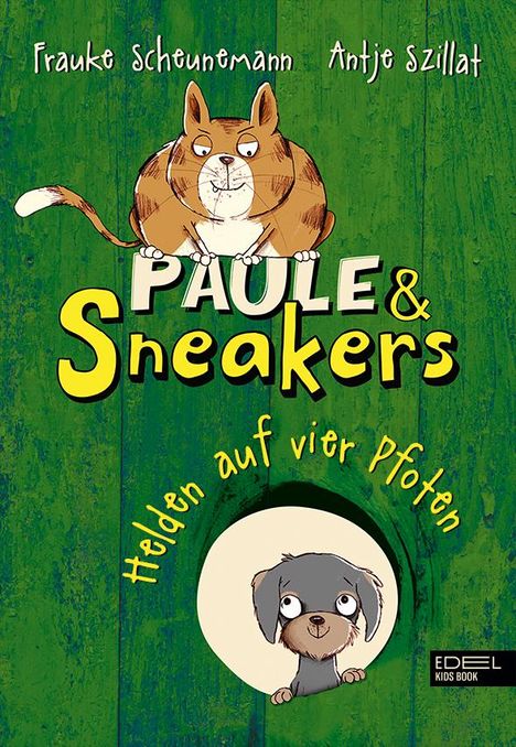 "Paule & Sneakers: Helden auf vier Pfoten." Illustration: Rundlicher Hamster sitzt über Schriftzug; unten Hund in Loch.
