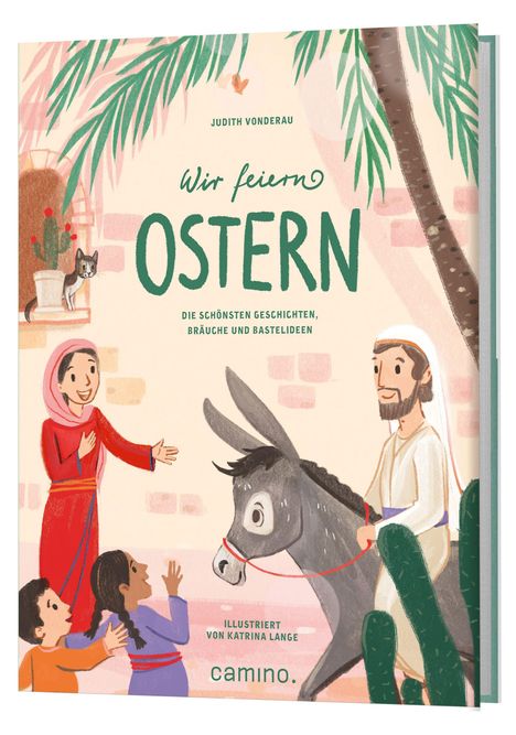 "Wir feiern Ostern" steht groß in der Mitte. Illustration: Eine Person mit Esel, zwei Kinder, eine Frau und Katze sind zu sehen.