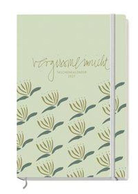 "vergissmeinnicht TASCHENKALENDER 2027", hellgrüne Hülle mit Blumenmuster und elastischem Band.
